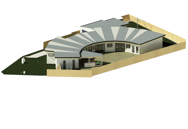 A 3D visualisation of a modern home in a semi-circular shape with good light penetration.